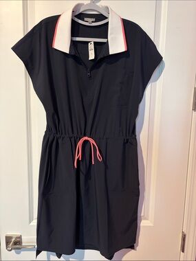💙 Talbots  Navy Polo Collar Performance Fabric Dress With Pink And White Accents